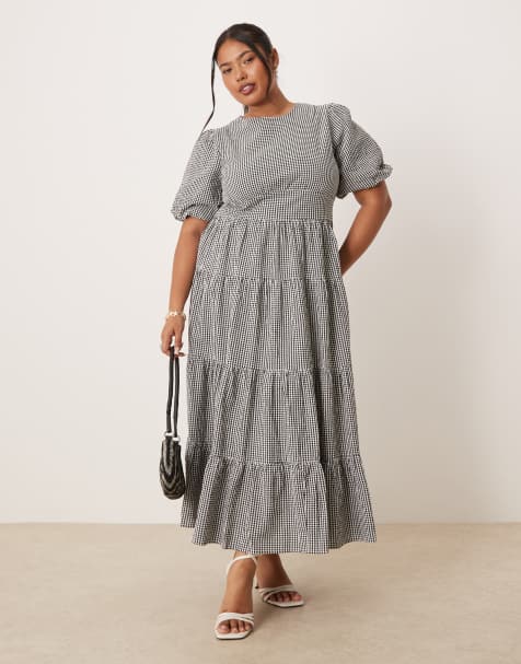 Vestido midi a cuadros vichy monocromáticos con mangas abullonadas Ricky de Nobody's Child Plus - view 1