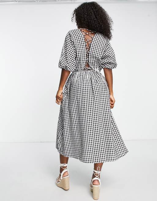 Vestido midi cuadros vichy con mangas abullonadas y cordones en la espalda de Mango | ASOS