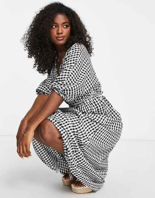 Vestido midi cuadros vichy con mangas abullonadas y cordones en la espalda de Mango | ASOS