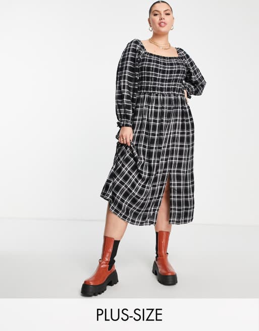 Vestido midi a cuadros vichy negros fruncido de Simply Be