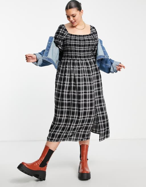 Vestido midi a cuadros vichy negros fruncido de Simply Be ASOS
