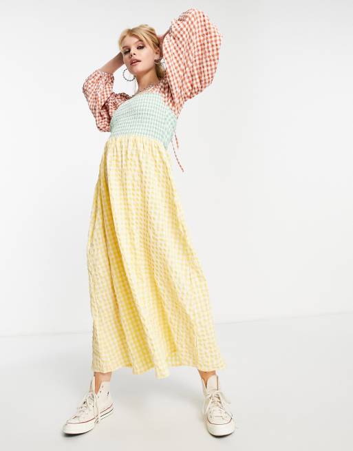 Vestido midi a cuadros vichy variados con diseño fruncido de ASOS DESIGN 