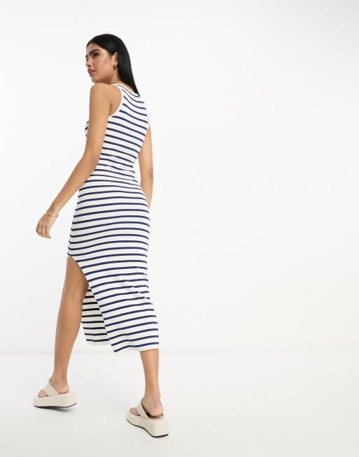 midi a rayas azul marino y blancas con cuello de nadadora de punto de ASOS DESIGN | ASOS