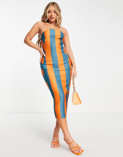 Vestido midi a rayas azules y naranjas de corte contorneado con escote palabra de honor de ASOS DESIGN