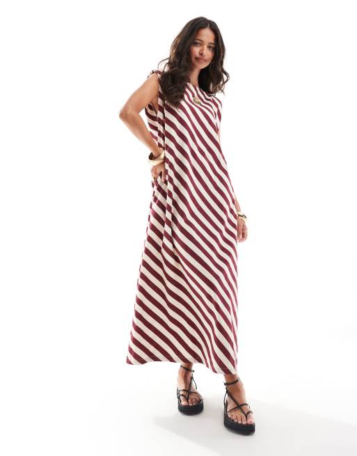 Vestido midi a rayas burdeos de corte recto amplio con hombreras de algodón de ASOS DESIGN