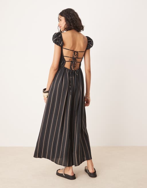 ASOS DESIGN square neck midi dress with cinched channel waist in stripe