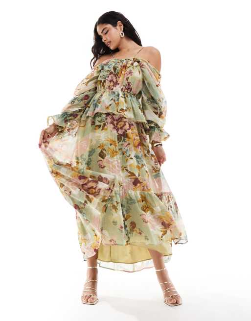Vestido midi a rayas metalizadas con estampado floral, cuello halter y hombros descubiertos de ASOS DESIGN