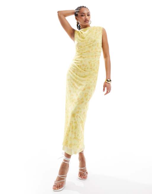 Vestido midi amarillo con estampado floral y detalle drapeado de malla de & Other Stories, 3 de 4