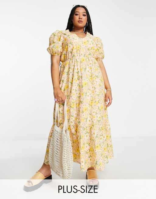 Vestido midi amarillo con estampado floral y mangas abullonadas de Simply Be