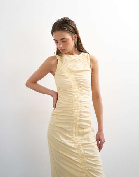 Vestido midi amarillo crema fruncido sin mangas de Topshop - view 1