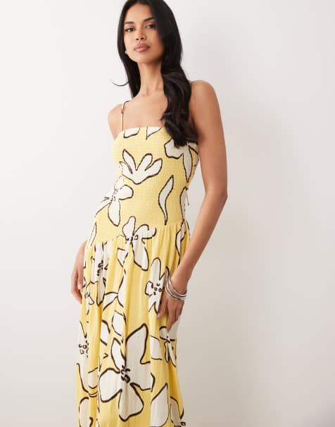 Vestido midi amarillo de tirantes con estampado floral dibujado, lazada en la espalda y cintura asimétrica de tejido efecto rugoso de ASOS DESIGN - view 1