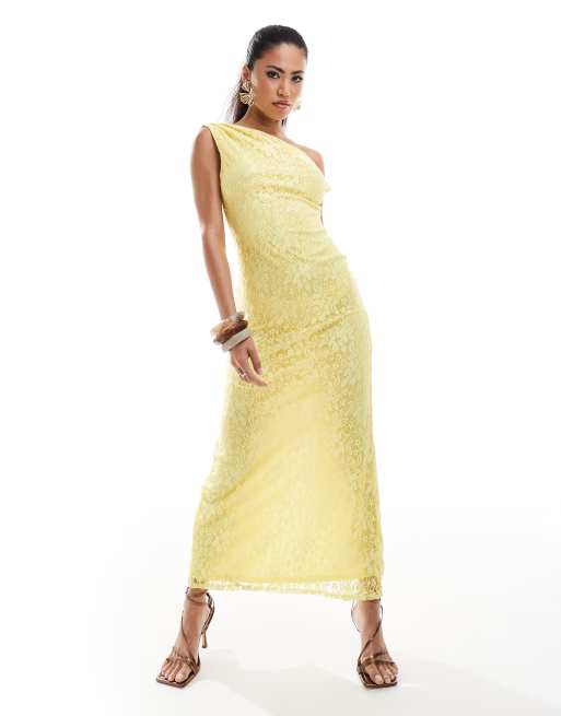 Vestido midi amarillo limón asimétrico con detalle retorcido en los hombros de encaje de ASOS DESIGN