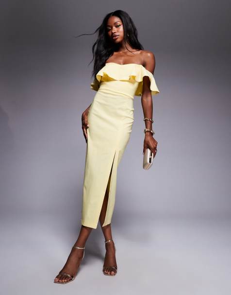 Vestido midi amarillo limón con escote Bardot de volante y abertura lateral de bengalina de Vesper - view 1
