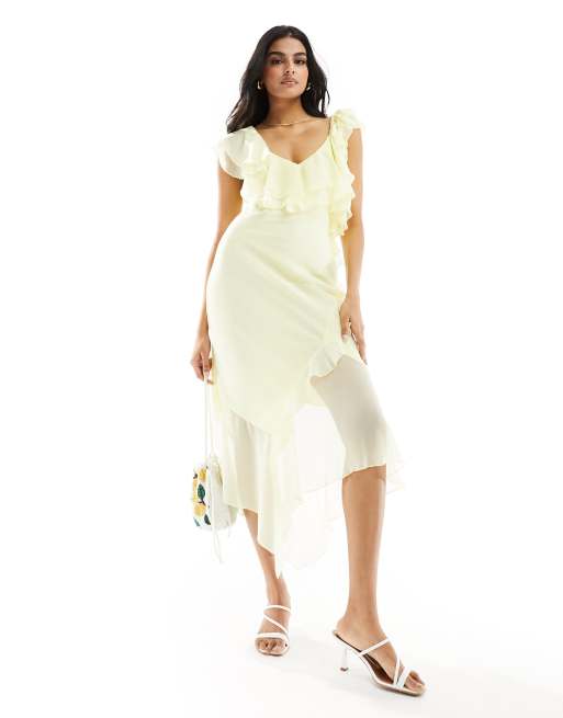 Vestido midi amarillo limón con volantes asimétricos de ASOS DESIGN