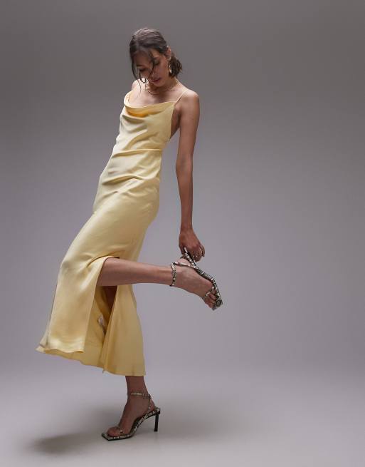 Vestido midi amarillo limonada con cuello desbocado y espalda escotada de Topshop
