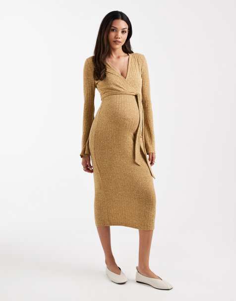 Vestido midi amarillo melange apto para lactancia con diseño cruzado de canalé de Mamalicious Maternity - view 1