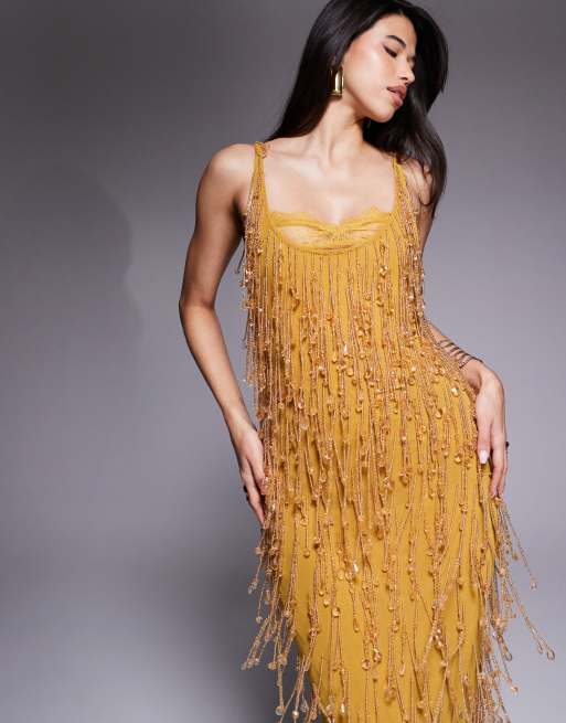 Vestido midi amarillo mostaza con diseño con abalorios y forro de encaje transparente de ASOS DESIGN, 4 de 4