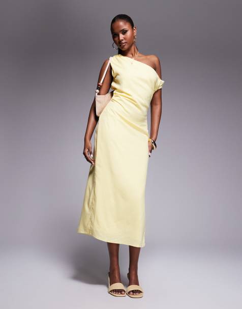 Vestido midi amarillo pastel con escote Bardot y detalle retorcido de tejido efecto lino de Kaiia - view 1