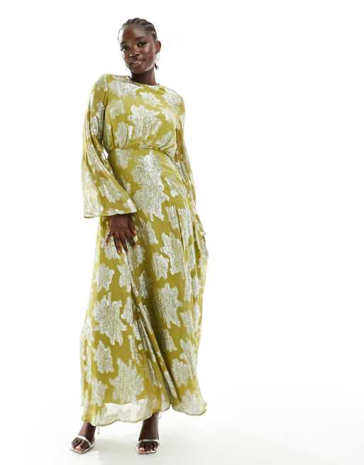 Vestido midi amarillo verdoso de manga larga con estampado metalizado y volantes en los puños de ASOS DESIGN