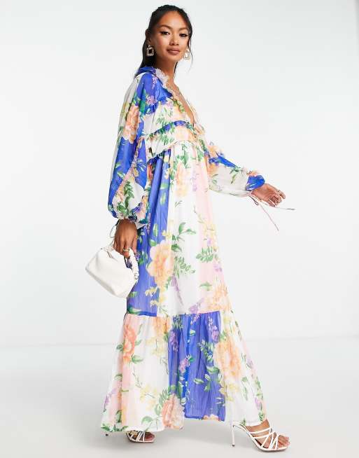 Vestido midi amplio de manga larga con estampado floral extragrande de chifón de ASOS DESIGN, 4 de 4
