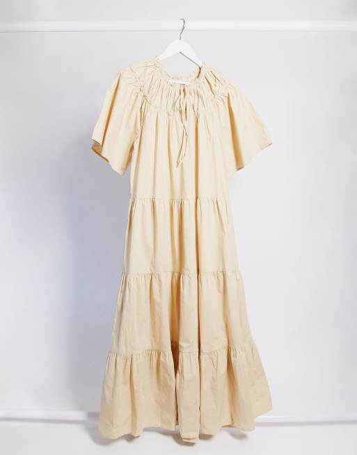 Vestido midi amplio de popelina en color arena de Topshop 