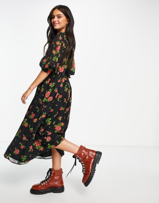Vestido midi amplio negro con puños fruncidos y estampado floral de ASOS DESIGN , 3 de 4