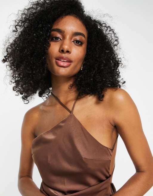 Vestido midi asimétrico con cuerpo drapeado de satén de ASOS DESIGN , 3 de 4