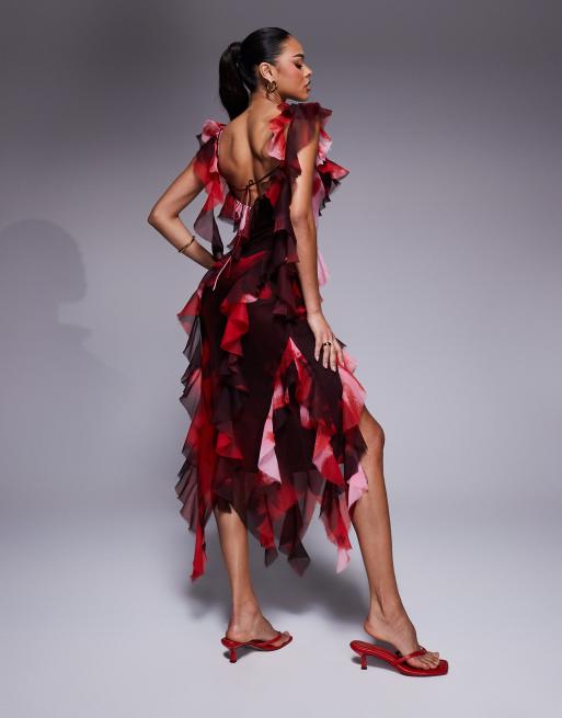 Vestido midi asimétrico con estampado abstracto, diseño de capas y lazada en la espalda de ASOS DESIGN, 2 de 4
