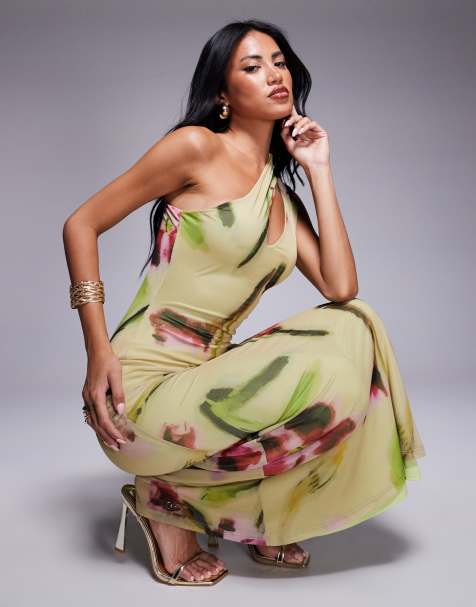 Vestido midi asimétrico con estampado floral y abertura de malla de ASOS DESIGN - view 1