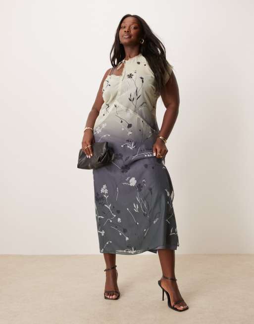 Vestido midi asimétrico con lazada al cuello, bordes sin rematar y estampado floral degradado de tejido transparente de ASOS DESIGN Curve, 2 de 4