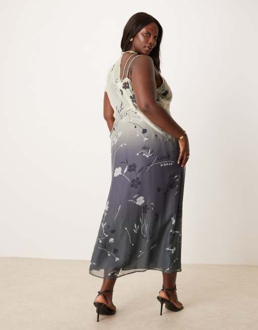 Vestido midi asimétrico con lazada al cuello, bordes sin rematar y estampado floral degradado de tejido transparente de ASOS DESIGN Curve, 4 de 4