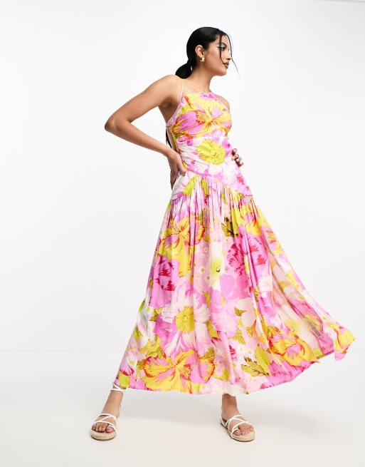 Vestido midi asimétrico de tirantes con corpiño fruncido, escote fruncido y estampado floral de viscosa de ASOS DESIGN