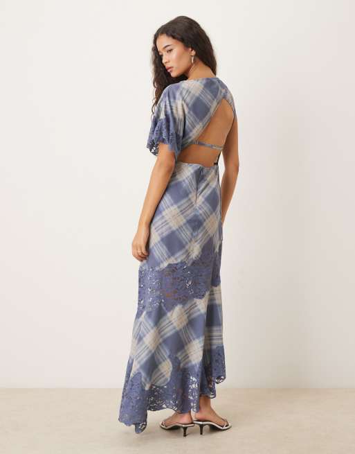 Vestido midi azul a cuadros con detalle de encaje de ASOS DESIGN, 2 de 4