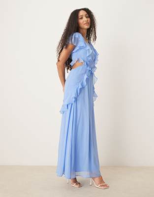 Vestido midi azul aciano con abertura y mangas fluidas de volantes de ASOS DESIGN - view 1