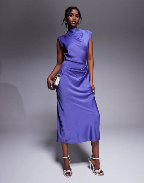 Vestido midi azul aciano de cuello alto con cuerpo plisado de satén de ASOS DESIGN - view 1