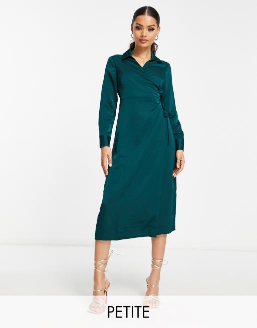 Vestido midi azul cerceta de manga larga con diseño cruzado exclusivo de Y.A.S Petite