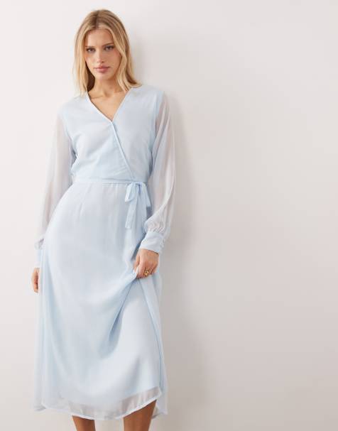 Vestido midi azul claro de manga larga con cuello de pico de VILA - view 1