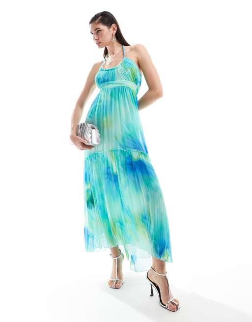 Vestido midi azul claro estampado con cuello halter de Mango