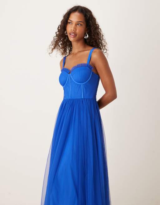 Vestido midi azul cobalto con diseño estilo corsé de tul de Lace & Beads, 2 de 4