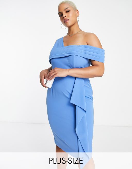 Vestido midi azul con escote Bardot asimétrico de Lavish Alice Plus