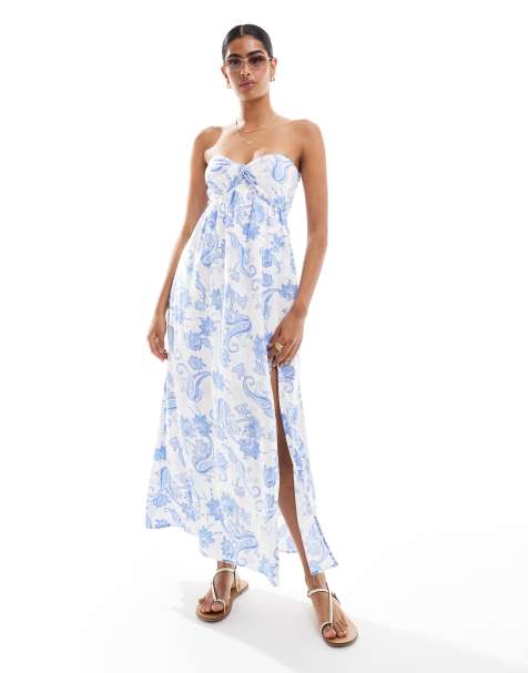 Vestido midi azul con estampado de cachemir, escote palabra de honor, detalle retorcido en el pecho y abertura hasta el muslo de Hollister - view 1