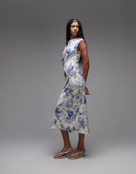Vestido midi azul con estampado floral y cuello barco de & Other Stories - view 1