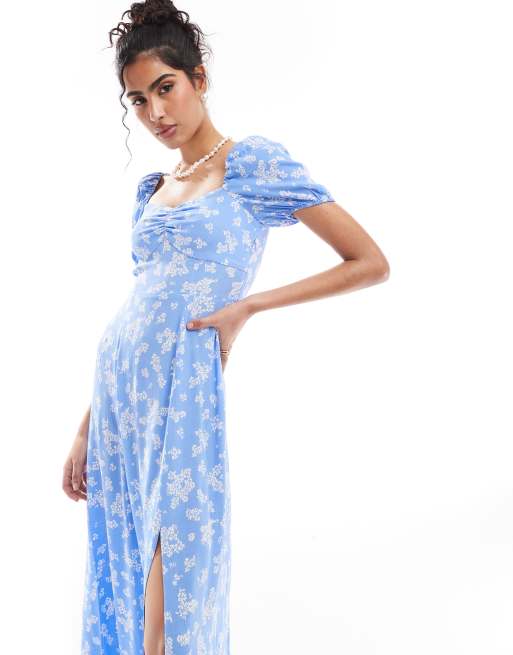 Vestido midi azul con estampado floral y mangas abullonadas de & Other Stories