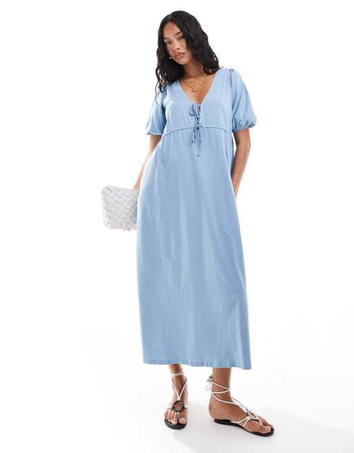Vestido midi azul con mangas abullonadas y detalle de lazada en el cuerpo de ASOS DESIGN
