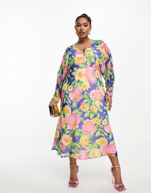 Vestido midi azul con mangas murciélago y estampado floral grande de ASOS DESIGN Curve