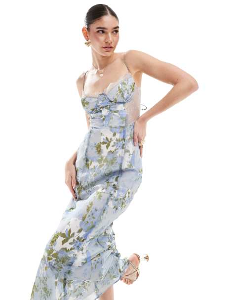 Vestido midi azul de corte al bies con detalle tipo corsé, estampado floral vintage e inserto de encaje de ASOS DESIGN - view 1
