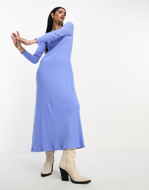 Vestido midi azul de manga larga con cuello redondo de canalé supersuave de ASOS DESIGN, 3 de 4