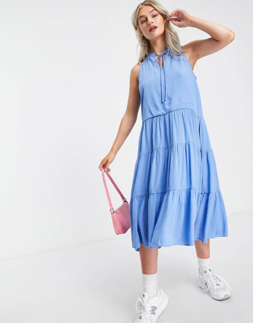 Vestido midi azul escalonado con lazada al cuello de Y.A.S Petite, 3 de 4