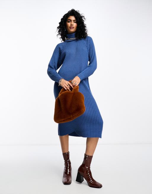 Vestido midi azul estilo jersey con cuello vuelto de canalé de Y.A.S