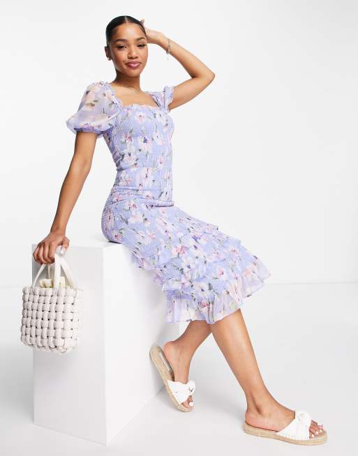 Vestido midi azul fruncido con estampado floral y volantes de Abercrombie & Fitch